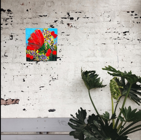 Original Red Poppy Flower Acrylic Painting on Upcycled Square Wood Board - Picture 7 of 13